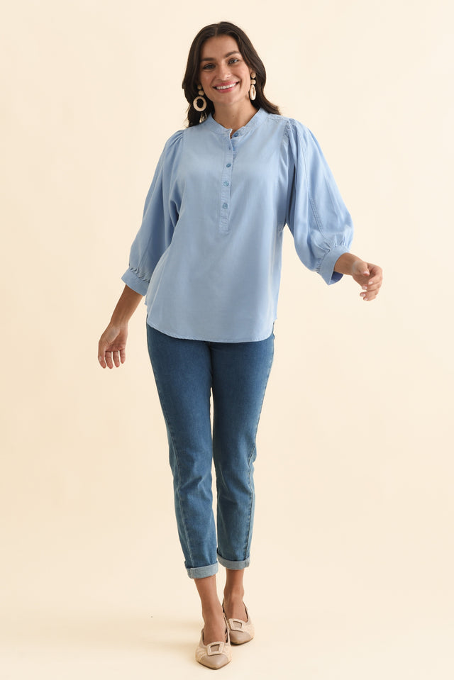 Rowan Blue Lyocell Puff Sleeve Shirt,Brunette model,alt text|model:Brontie image 3