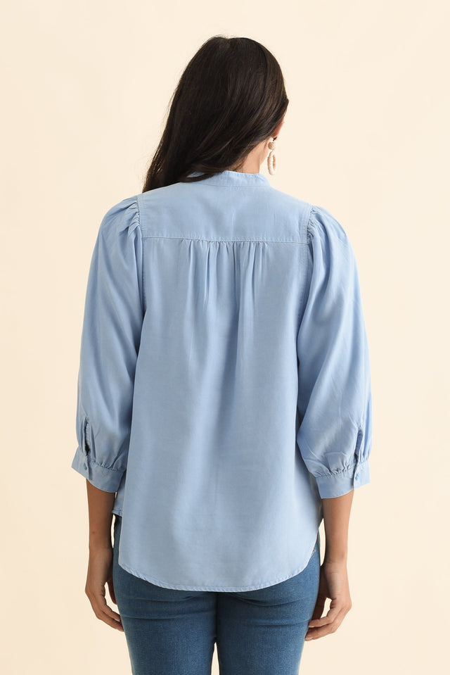 Rowan Blue Lyocell Puff Sleeve Shirt,Brunette model,alt text|model:Brontie image 5