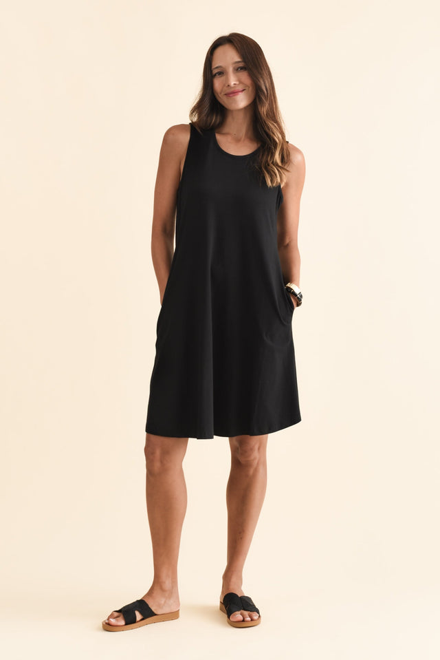Roxanne Black Swing Dress,Brunette model,alt text|model:Cara image 2