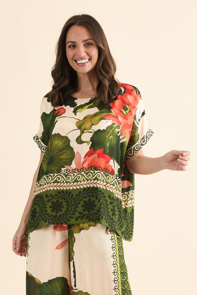 Roza Green Flower Half Sleeve Top