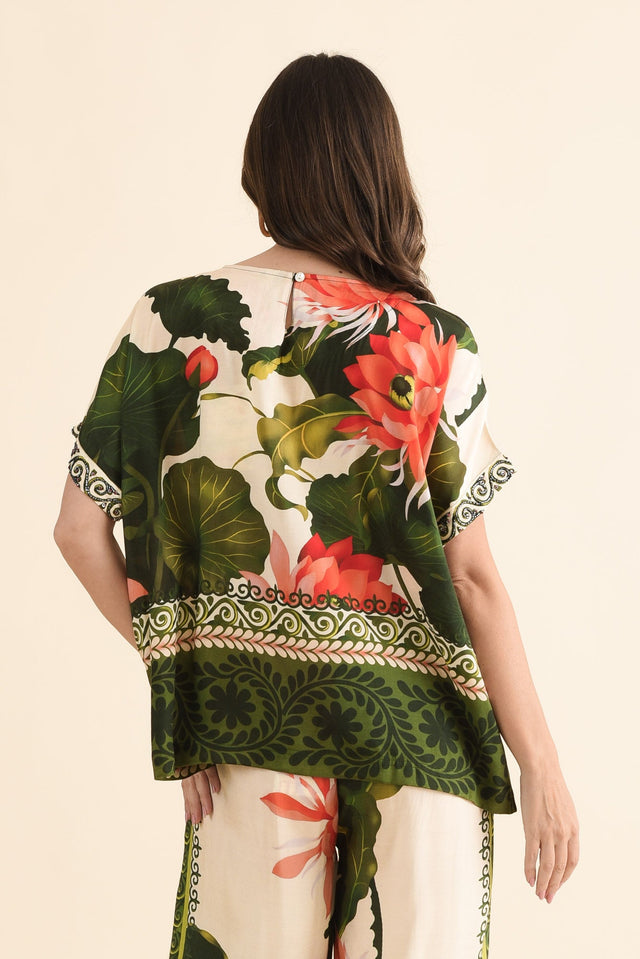 Roza Green Flower Half Sleeve Top,Back,Brunette model,alt text|model:MJ image 4