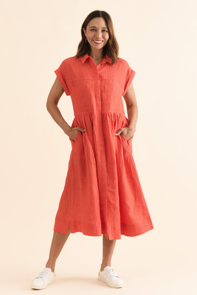 Ruben Orange Stripe Linen Shirt Dress,Full Body,Brunette model,alt text|model:Cara image 2