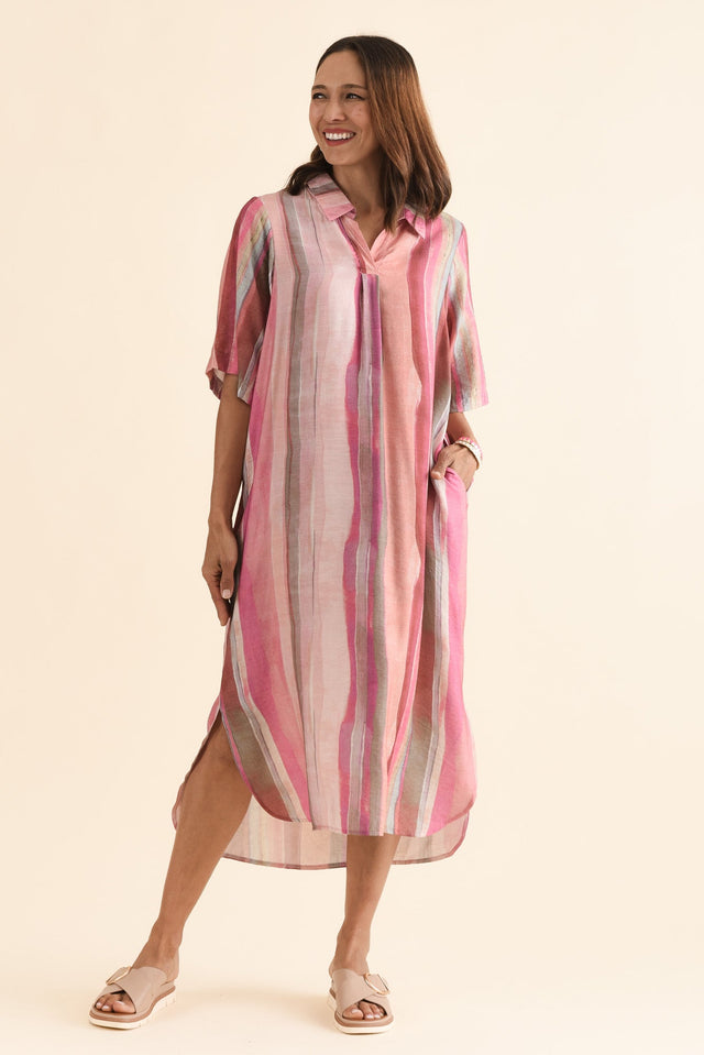 Ruby Pink Stripe Collared Dress,Full Body,Brunette model,alt text|model:Cara image 6