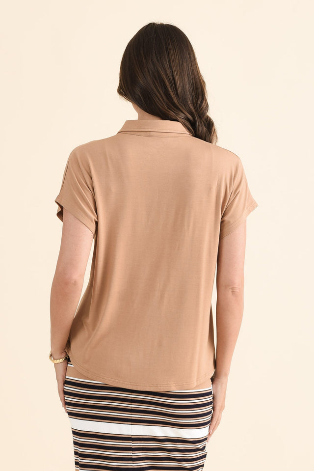 Rush Tan Bamboo Polo Top,Back,Brunette model,alt text|model:MJ image 4