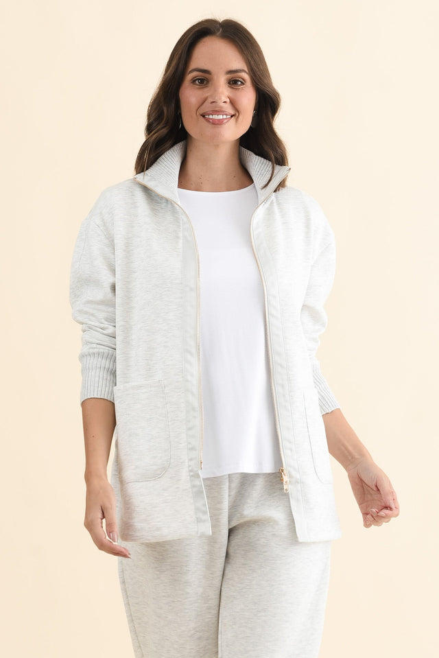 Sabi Grey Zip Sweatshirt,Brunette model,alt text|model:MJ image 2