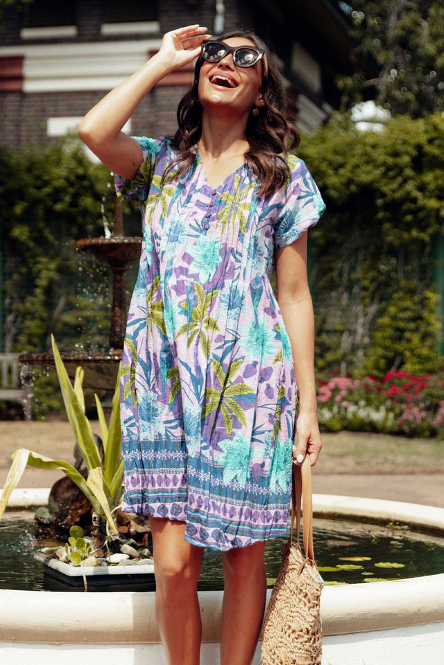Sabina Purple Palm Crinkle Cotton Dress,Brunette model,Lifestyle