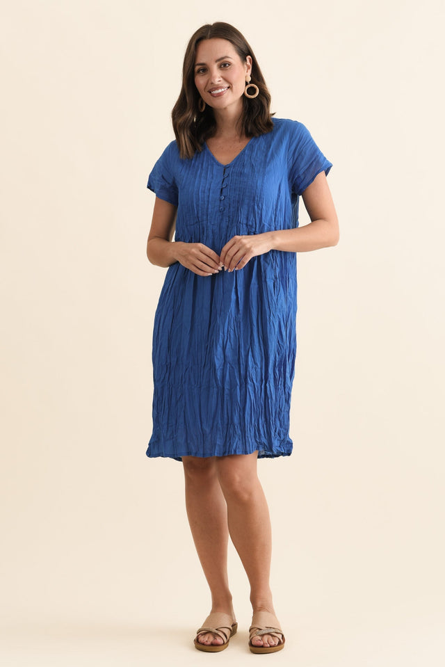 Sabina Blue Crinkle Cotton Dress,Brunette model,alt text|model:MJ image 8