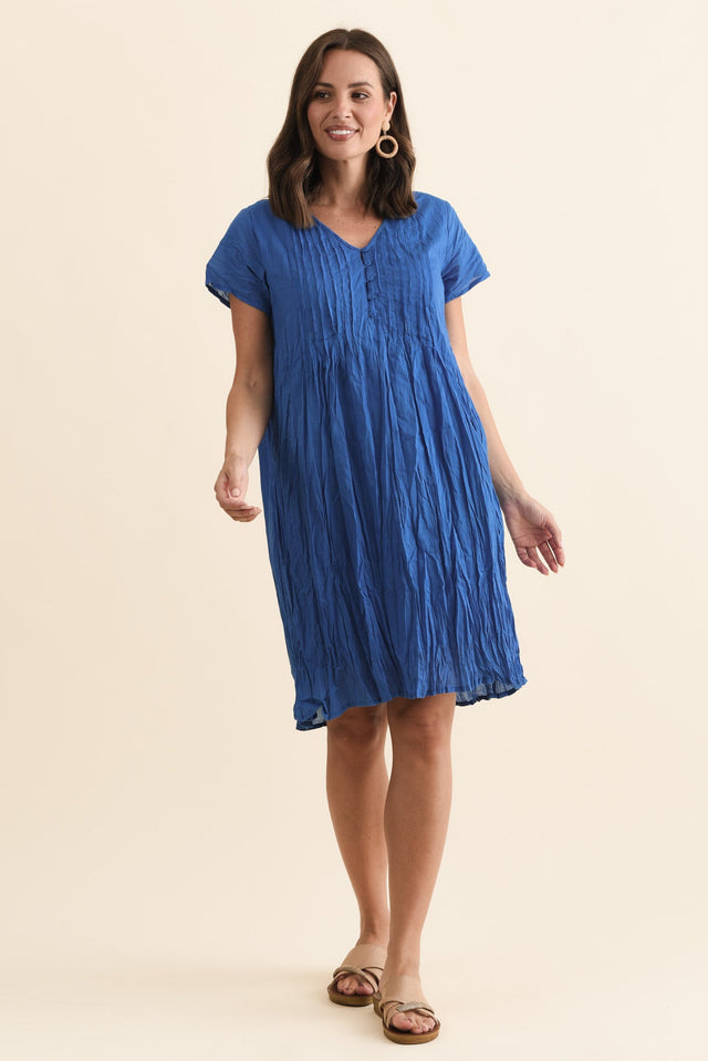 Sabina Blue Crinkle Cotton Dress,Brunette model,alt text|model:MJ image 4