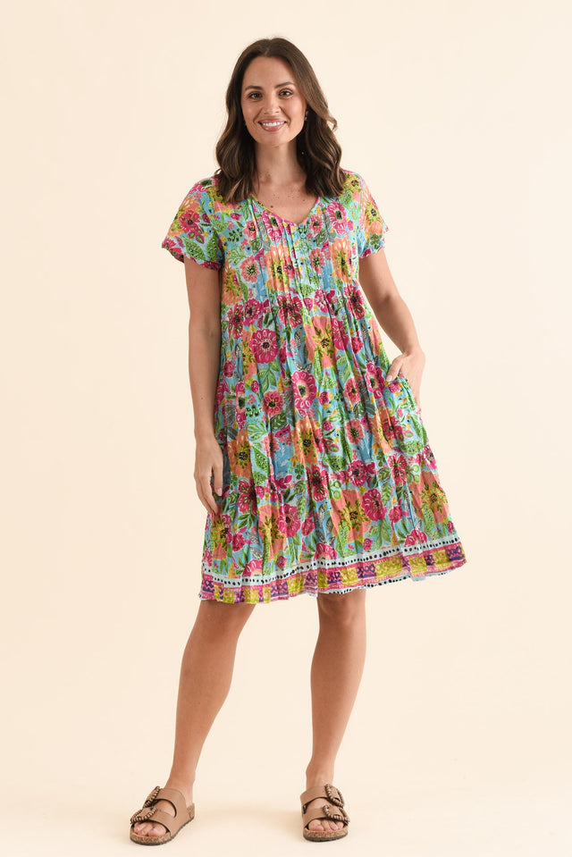 Sabina Blue Garden Crinkle Cotton Dress,Full Body,Brunette model,alt text|model:MJ