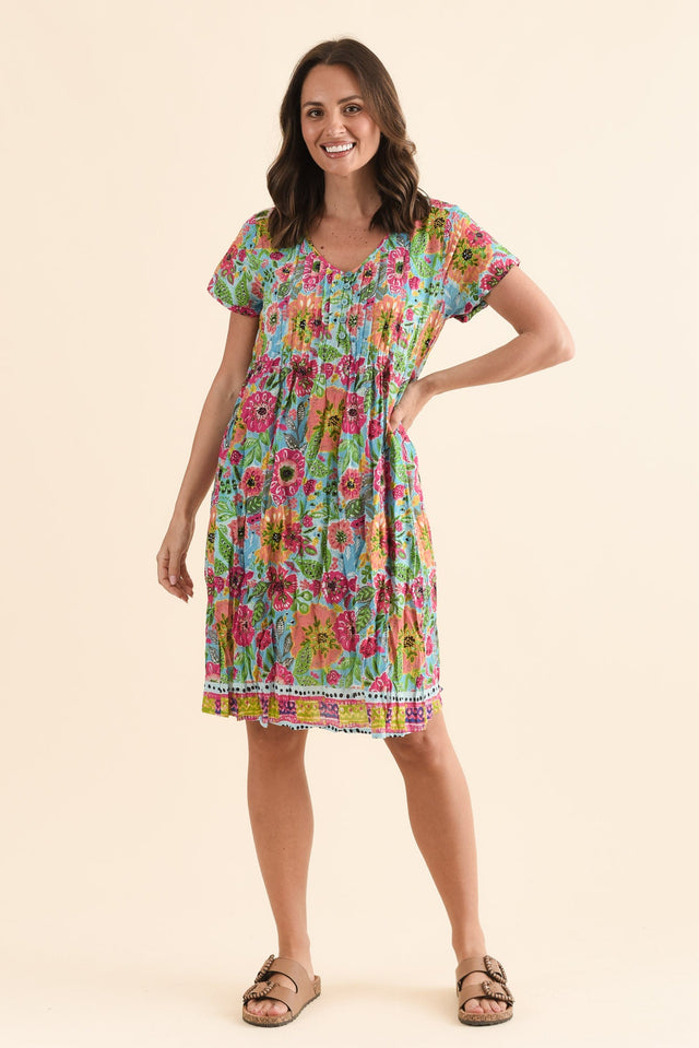 Sabina Blue Garden Crinkle Cotton Dress,Front,Brunette model,alt text|model:MJ