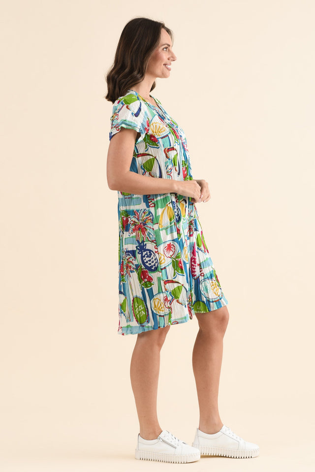 Sabina Blue Tropicana Crinkle Cotton Dress,Side,Brunette model,alt text|model:MJ image 3