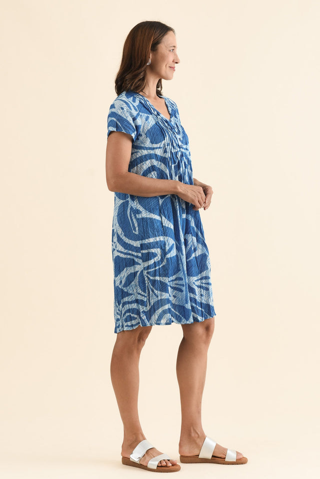 Sabina Cobalt Abstract Crinkle Cotton Dress,Side,Brunette model,alt text|model:Cara image 3