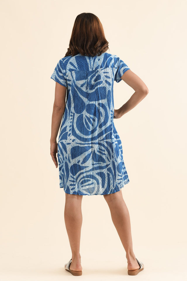 Sabina Cobalt Abstract Crinkle Cotton Dress,Back,Brunette model,alt text|model:Cara image 4