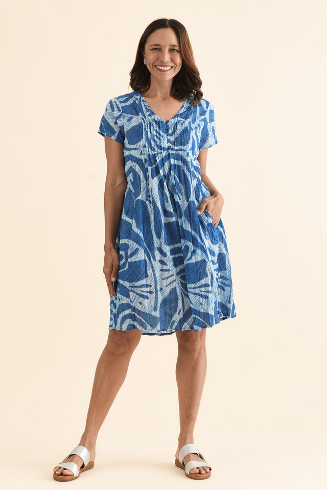 Sabina Cobalt Abstract Crinkle Cotton Dress,Full Body,Brunette model,alt text|model:Cara image 2