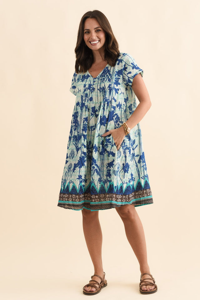 Sabina Cobalt Dandelion Crinkle Cotton Dress,Brunette model,alt text|model:MJ image 3