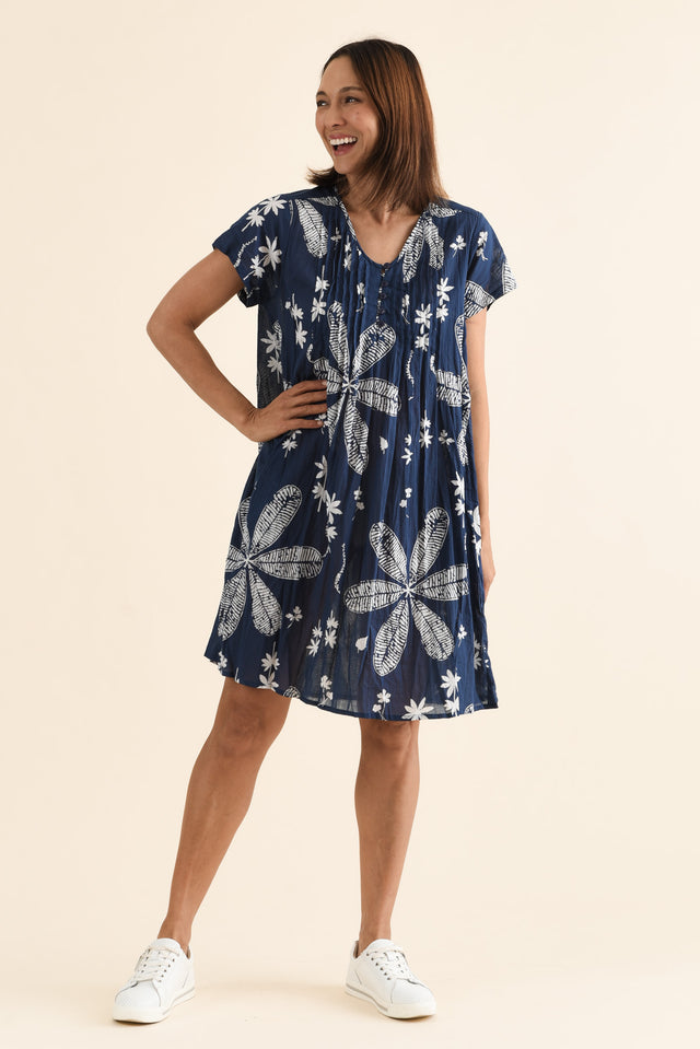 Sabina Navy Flower Crinkle Cotton Dress