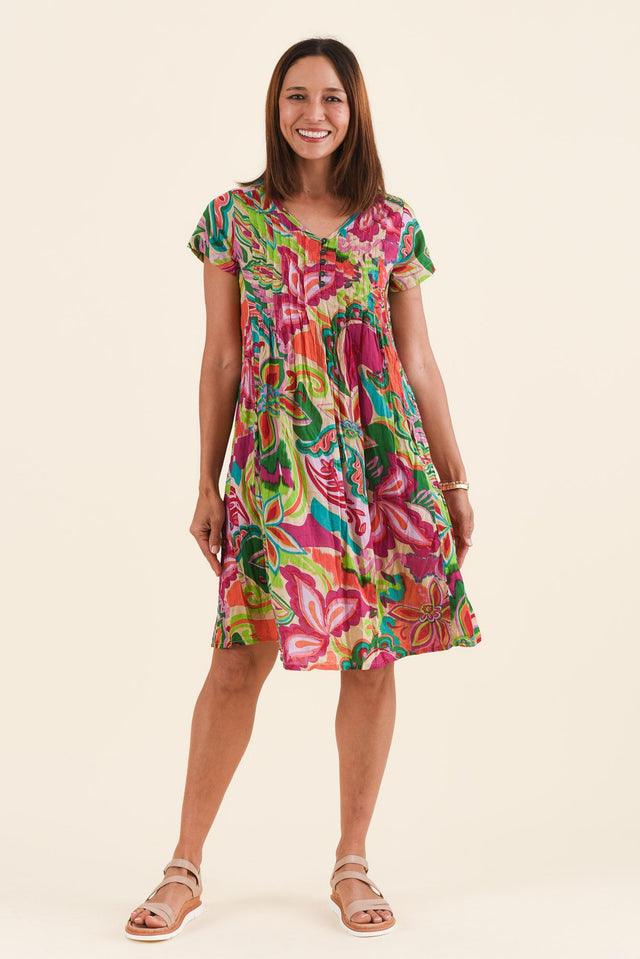 Sabina Fuchsia Botanical Crinkle Cotton Dress,Full Body,Brunette model,alt text|model:Cara