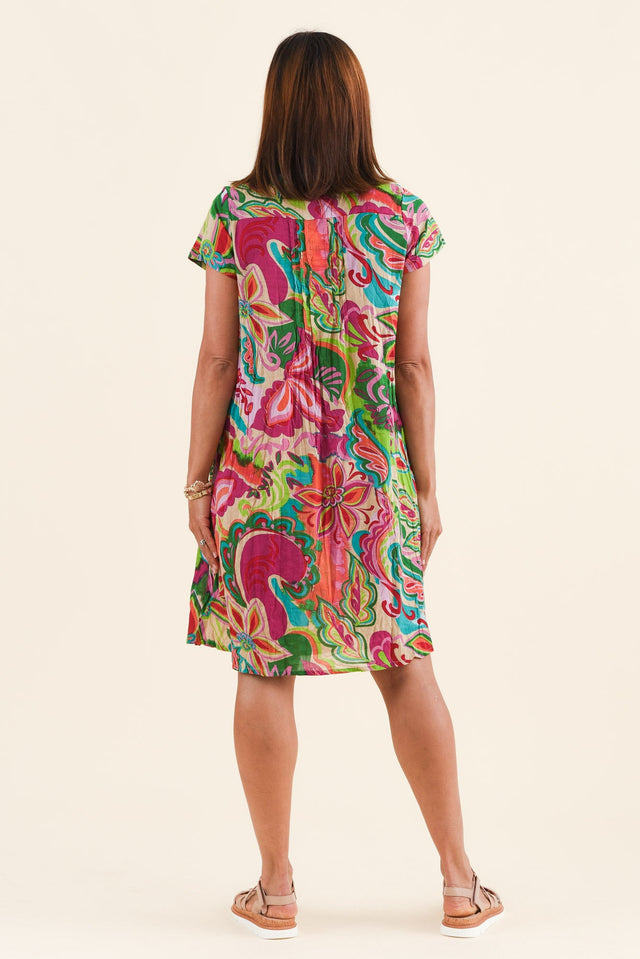 Sabina Fuchsia Botanical Crinkle Cotton Dress,Back,Brunette model,alt text|model:Cara image 4