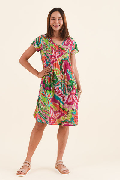 Sabina Fuchsia Botanical Crinkle Cotton Dress