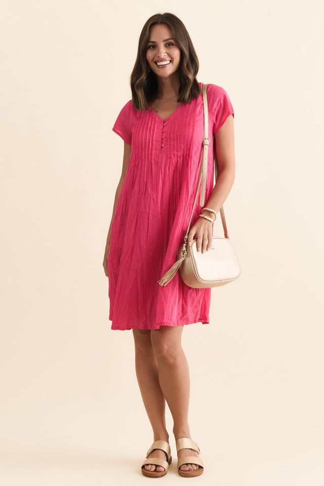 Sabina Fuchsia Crinkle Cotton Dress,Brunette model,alt text|model:MJ