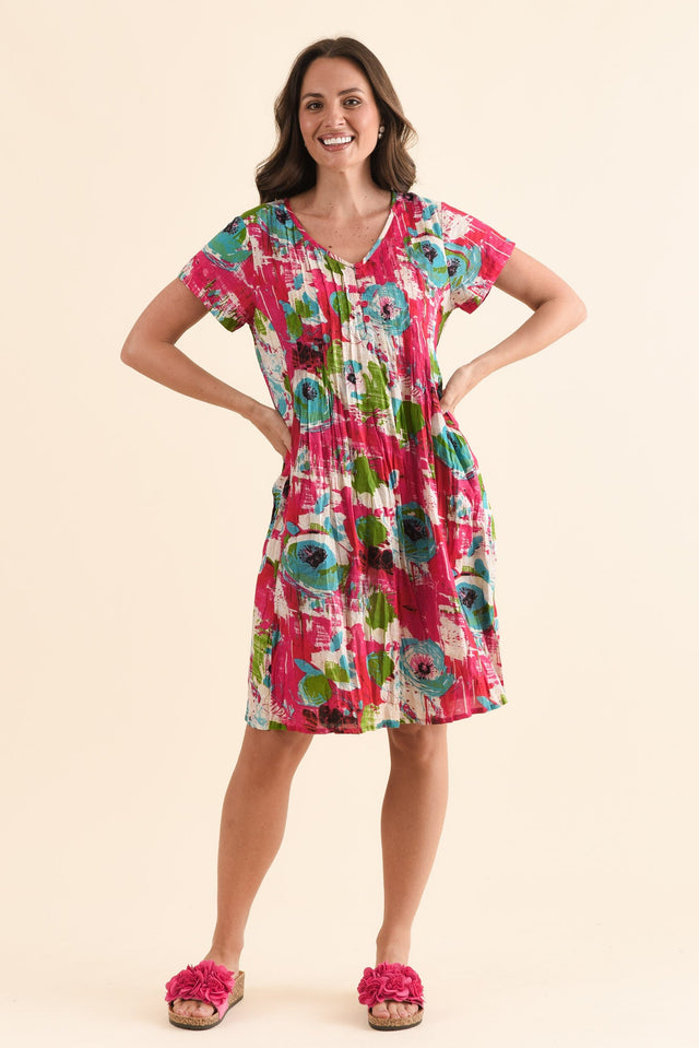 Sabina Fuchsia Flower Crinkle Cotton Dress,Full Body,Brunette model,alt text|model:MJ