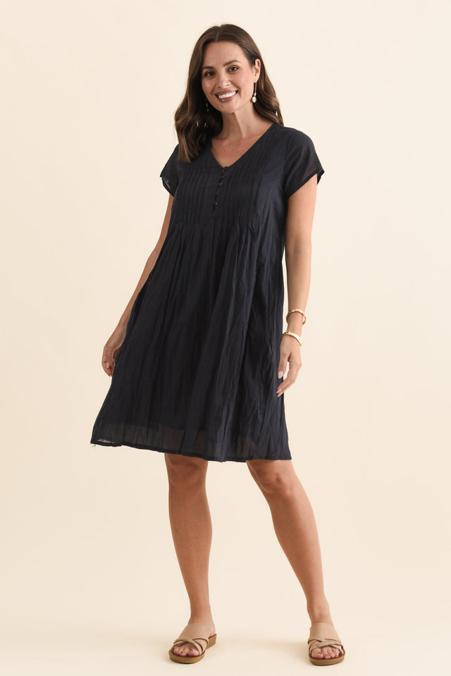Sabina Navy Crinkle Cotton Dress,Brunette model,alt text|model:MJ image 4
