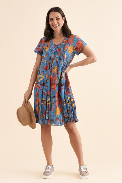 Sabina Orange Leaf Crinkle Cotton Dress