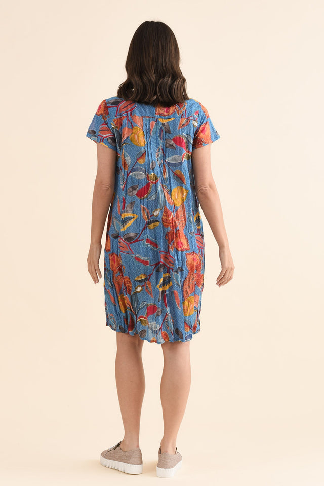 Sabina Orange Leaf Crinkle Cotton Dress,Back,Brunette model,alt text|model:MJ image 4