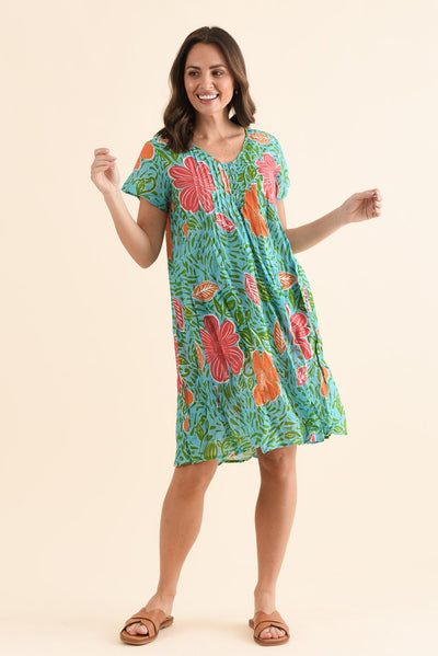 Sabina Pink Tropical Crinkle Cotton Dress