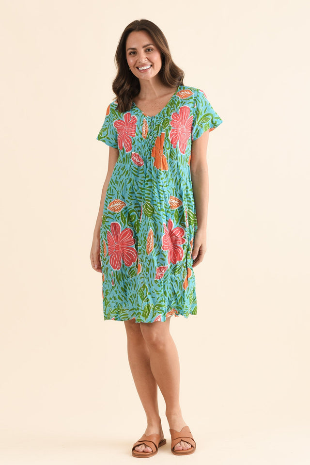 Sabina Pink Tropical Crinkle Cotton Dress,Full Body,Brunette model,alt text|model:MJ