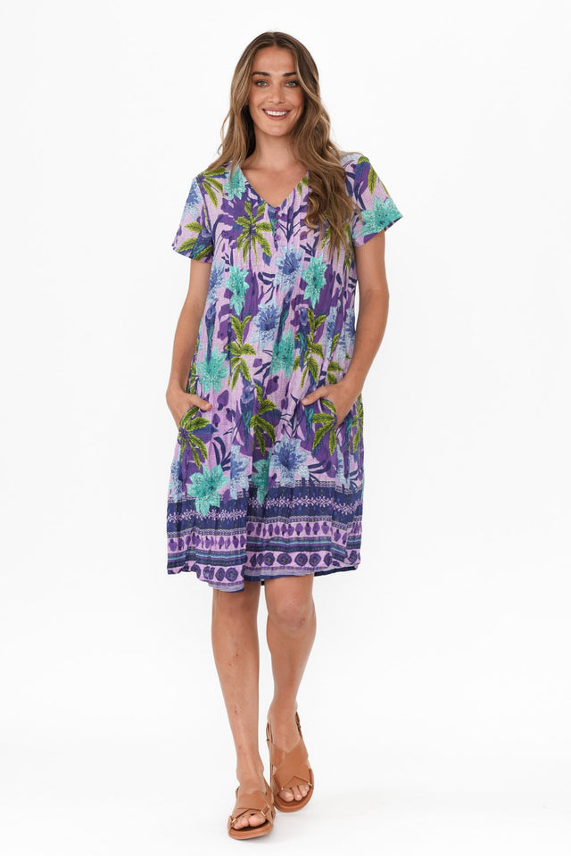 Sabina Purple Palm Crinkle Cotton Dress,Brunette model,alt text|model:Johanna image 7