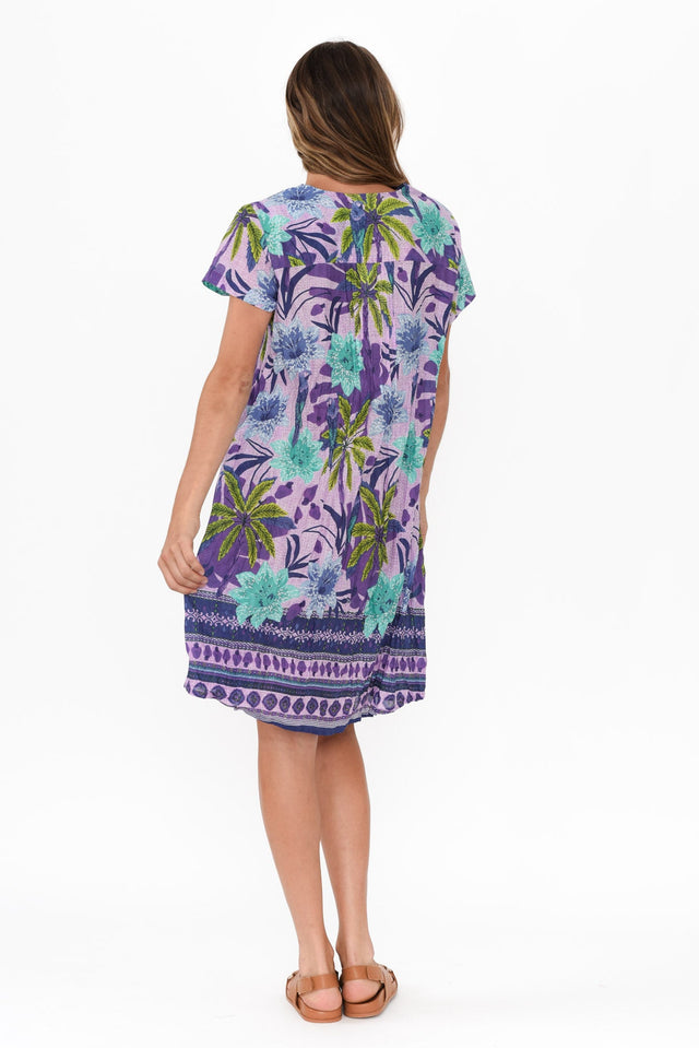 Sabina Purple Palm Crinkle Cotton Dress,Brunette model,alt text|model:Johanna image 5