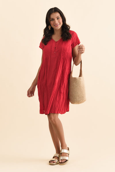 Sabina Red Crinkle Cotton Dress