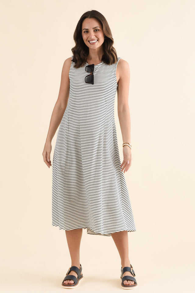 Sabrina Navy Stripe Cotton Pocket Dress,Front,Brunette model,alt text|model:MJ