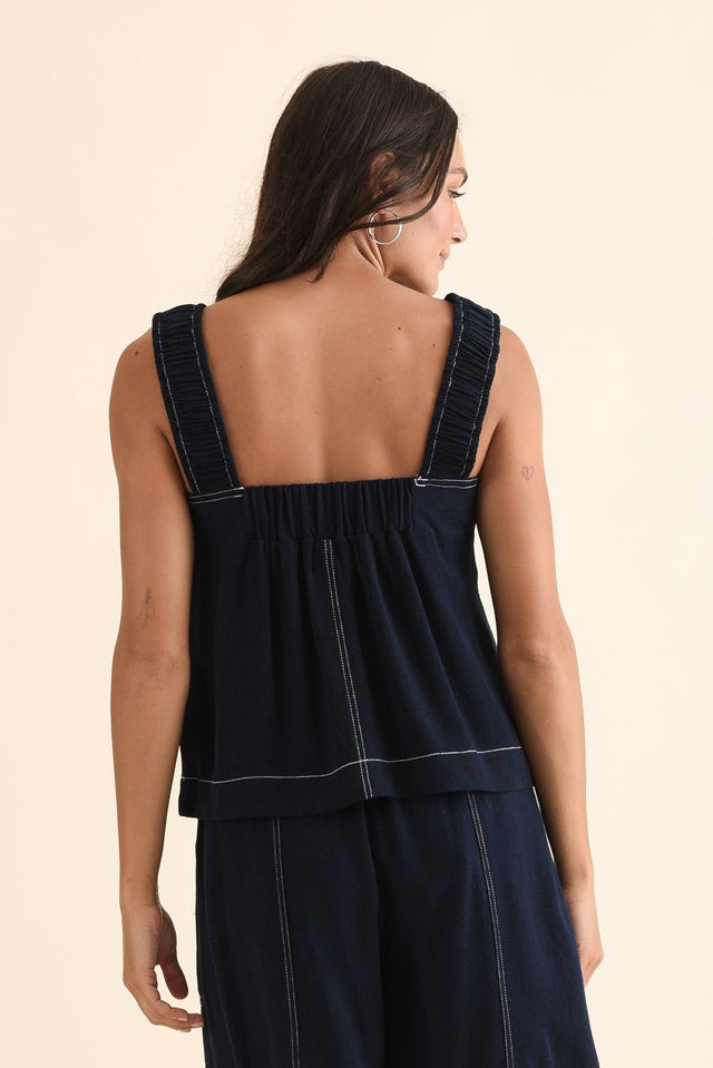 Sage Navy Contrast Top,Back,Brunette model,alt text|model:Brontie image 4