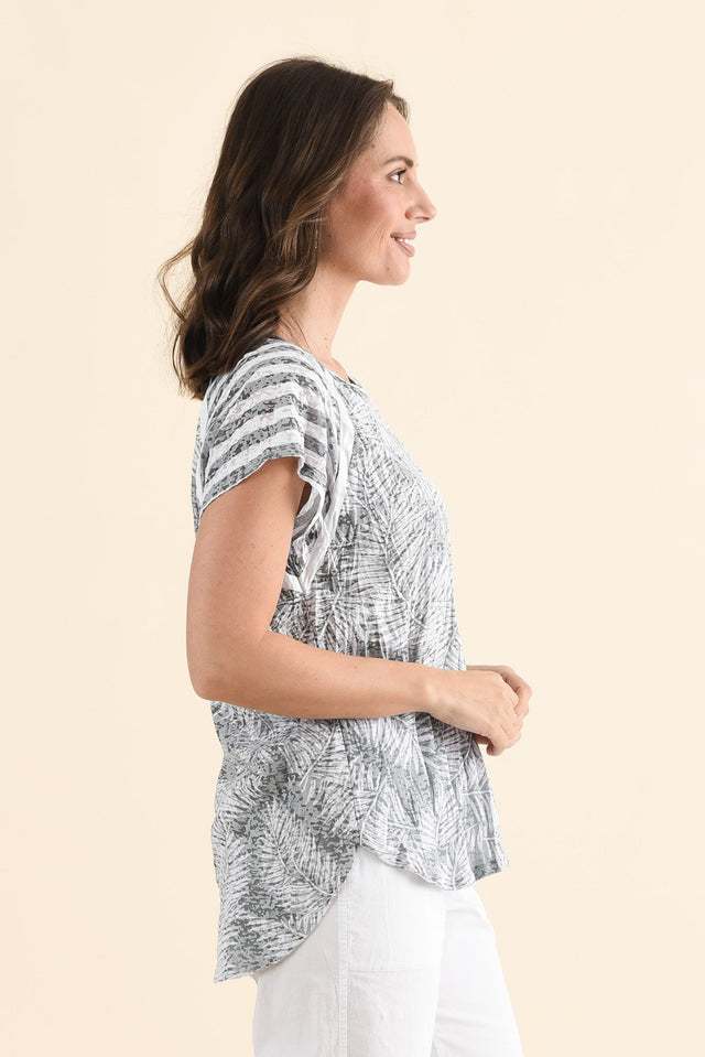 Sail Green Palm Cotton Blend Tee,Side,Brunette model,alt text|model:MJ image 3