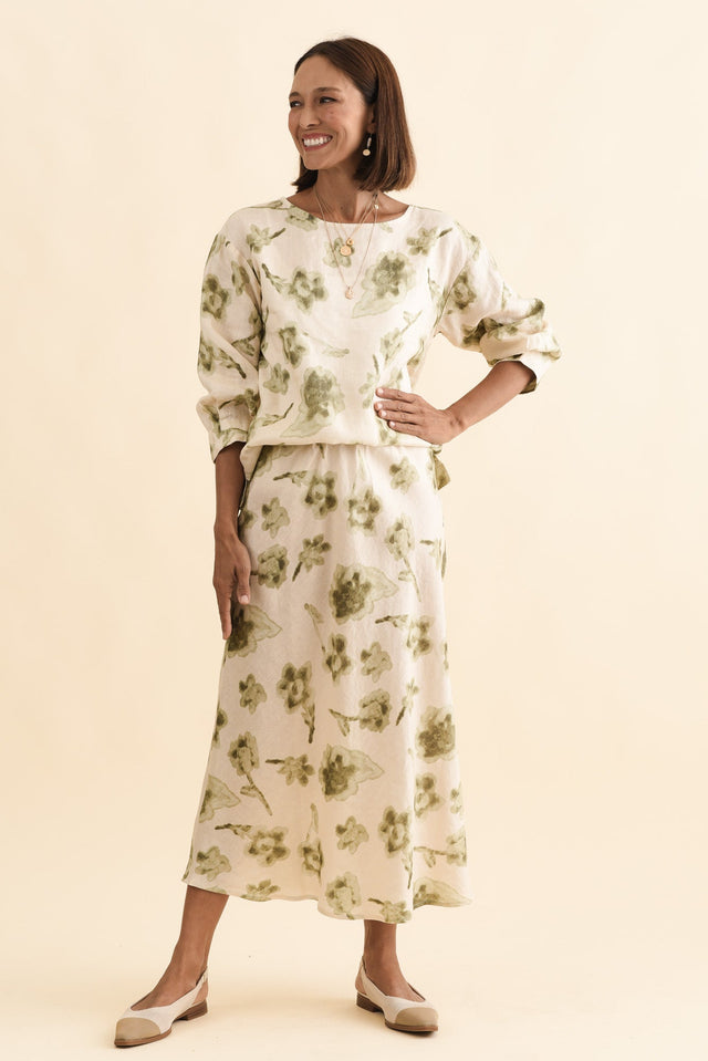 Modena Cream Floral Linen Midi Skirt,Brunette model,alt text|model:Cara image 7