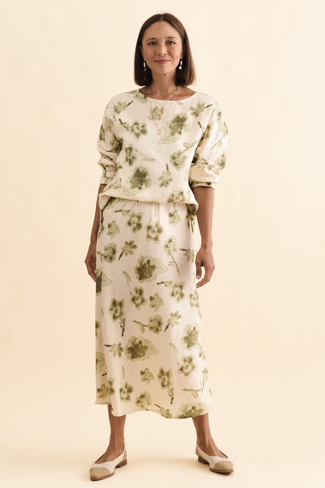 Modena Cream Floral Linen Midi Skirt,Brunette model,alt text|model:Cara image 3