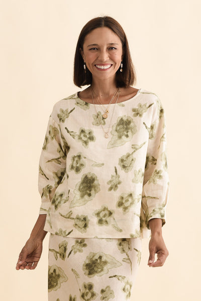 Saloma Cream Floral Linen Scoop Neck Top