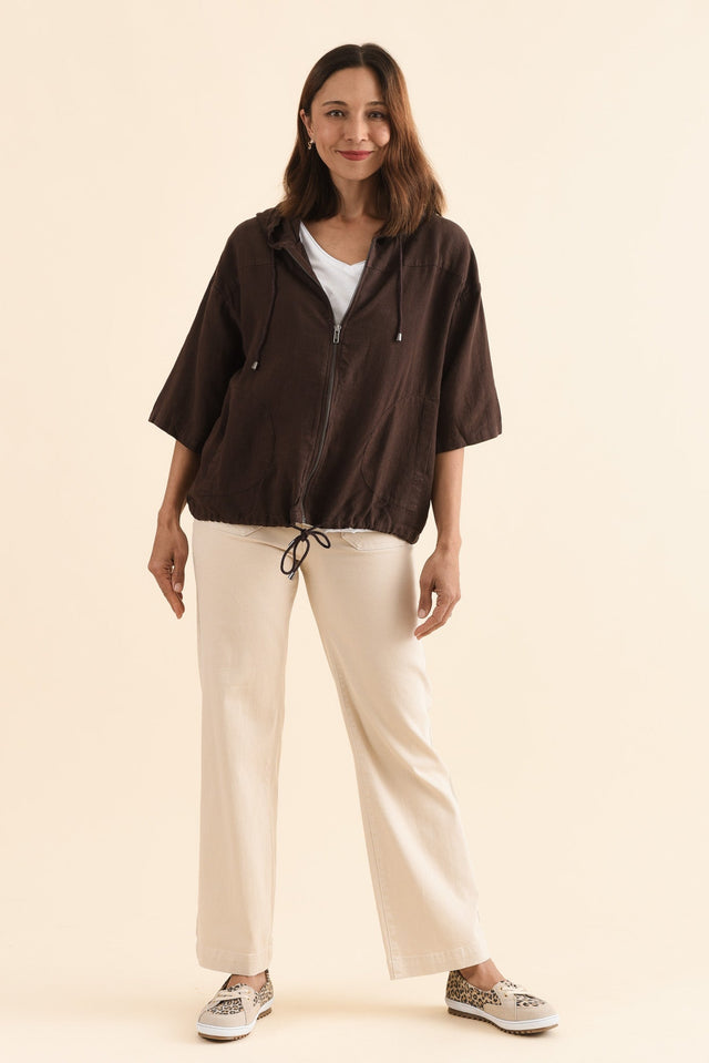 Saltair Chocolate Linen Zip Jacket,Full Body,Brunette model,alt text|model:Cara image 2