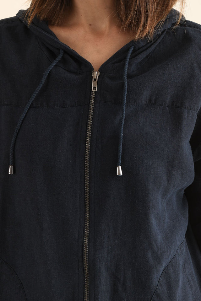 Saltair Navy Linen Zip Jacket,Detail,Brunette model,alt text|model:Cara image 5