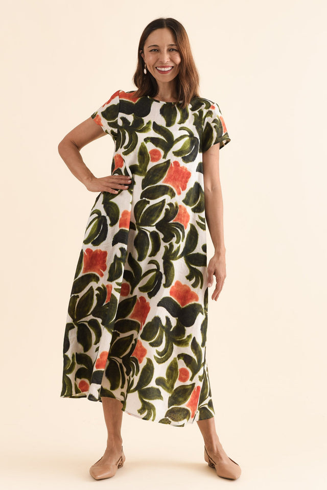Salute Orange Flower Linen Dress,Full Body,Brunette model,alt text|model:Cara image 2