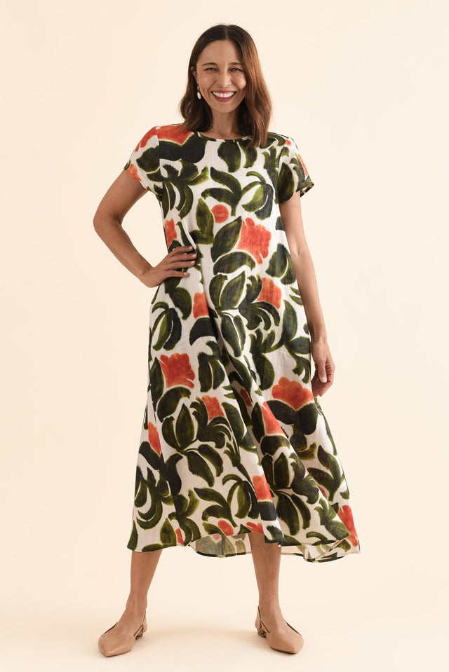 Salute Orange Flower Linen Dress,Full Body,Brunette model,alt text|model:Cara image 6