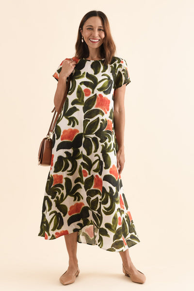 Salute Orange Flower Linen Dress