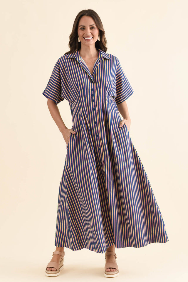 Samba Blue Stripe Shirt Dress,Full Body,Brunette model,alt text|model:MJ