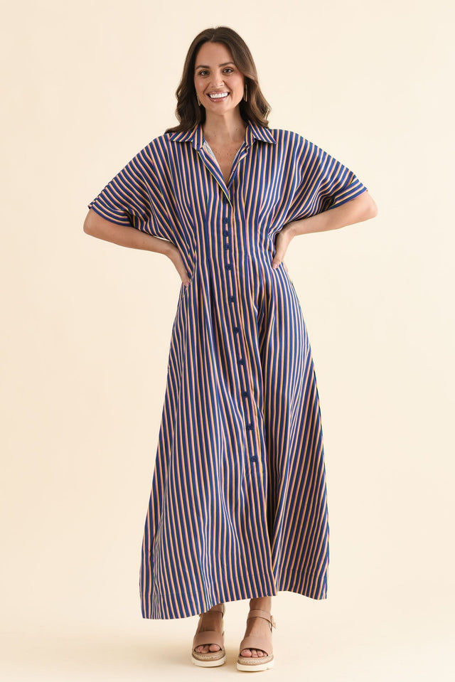 Samba Blue Stripe Shirt Dress,Full Body,Brunette model,alt text|model:MJ image 6