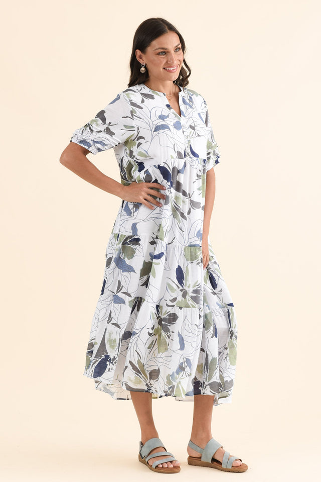 Sambo Blue Garden Button Dress,Side,Brunette model,alt text|model:Brontie image 3