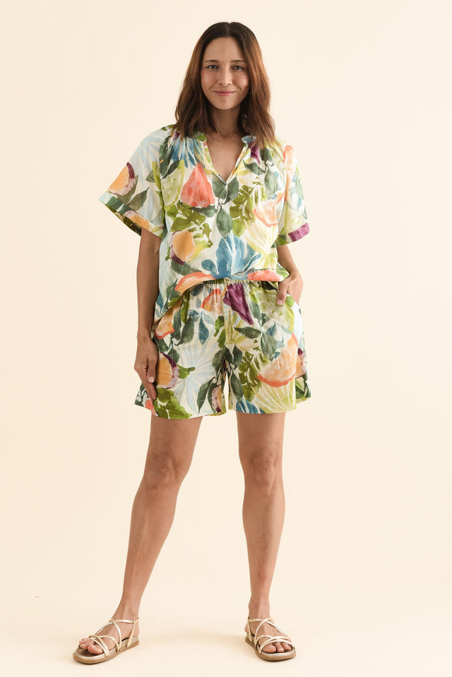Madrid Yellow Fruity Cotton Shorts,Full Body,Brunette model,alt text|model:Cara image 6