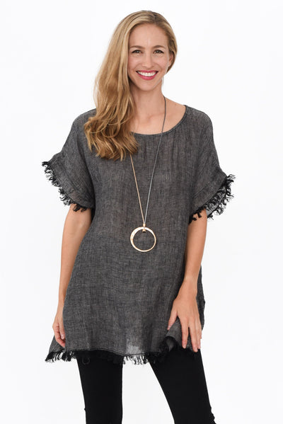 Sancia Charcoal Linen Frayed Top