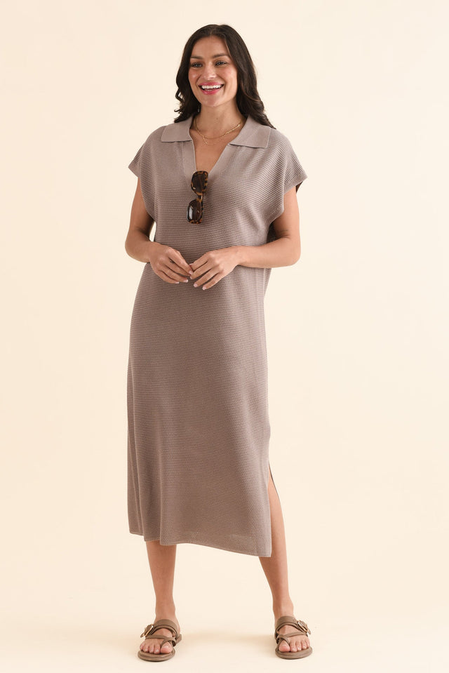 Santaz Taupe Collared Tie Dress,Front,Brunette model,alt text|model:Brontie image 1
